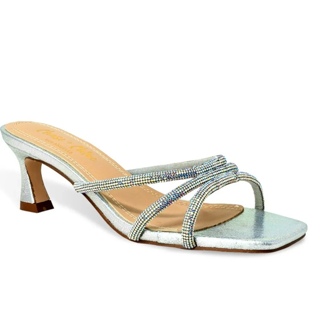 Women's Rhinestone Strappy Kitten Heel Slide Heel Open Toe Sandal - Picture 2 of 4